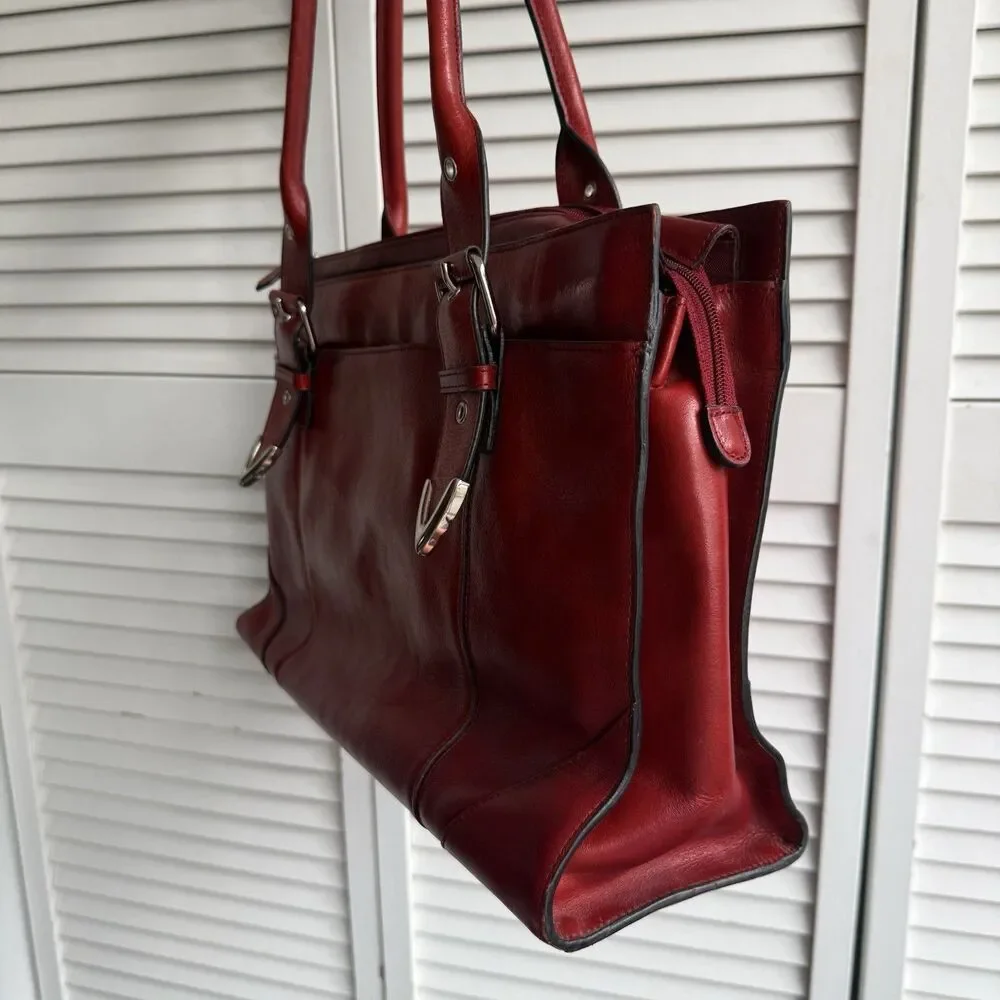 Vintage Red Leather Bag Zip Top Buckle Accents Silver Hardware